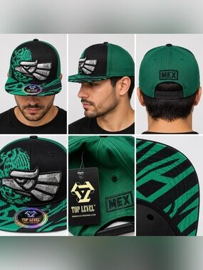 Top Level MEX Snapback Hat – Green Black Silver Eagle Design‎ – Mexico  – New